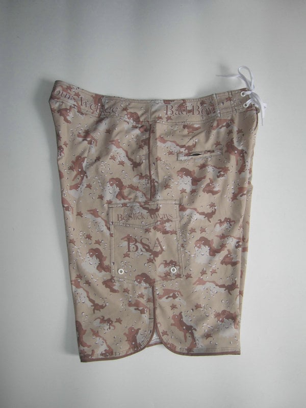 Image of Slicksymbol logo brown camo boardshorts