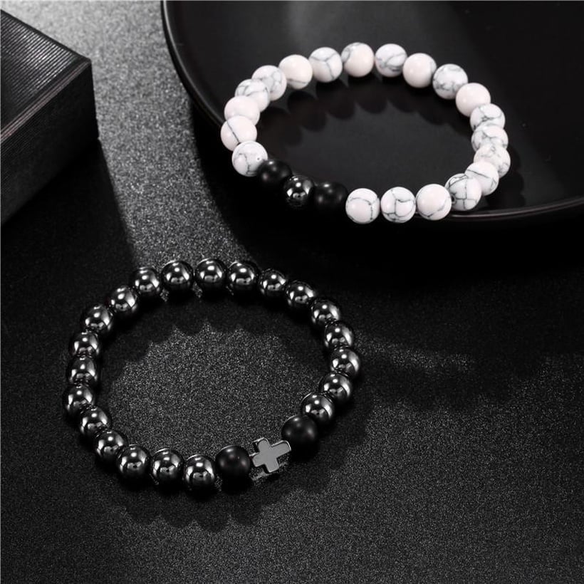 Black and White Marble with White Cat Eye Beaded Bracelet