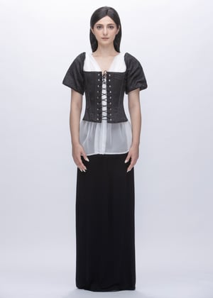Image of Marie Puff Sleeves Coreset In Black Damask Sateen