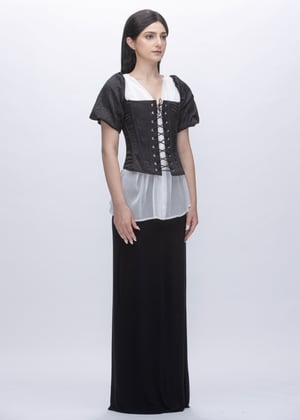 Image of Marie Puff Sleeves Coreset In Black Damask Sateen