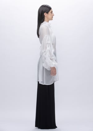 Image of  Ruff Collar Tie-detailed  Billowing Sleeves Sheer Top in White