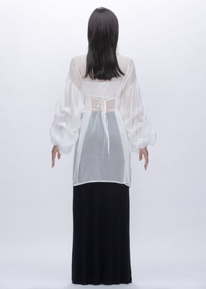 Image of  Ruff Collar Tie-detailed  Billowing Sleeves Sheer Top in White