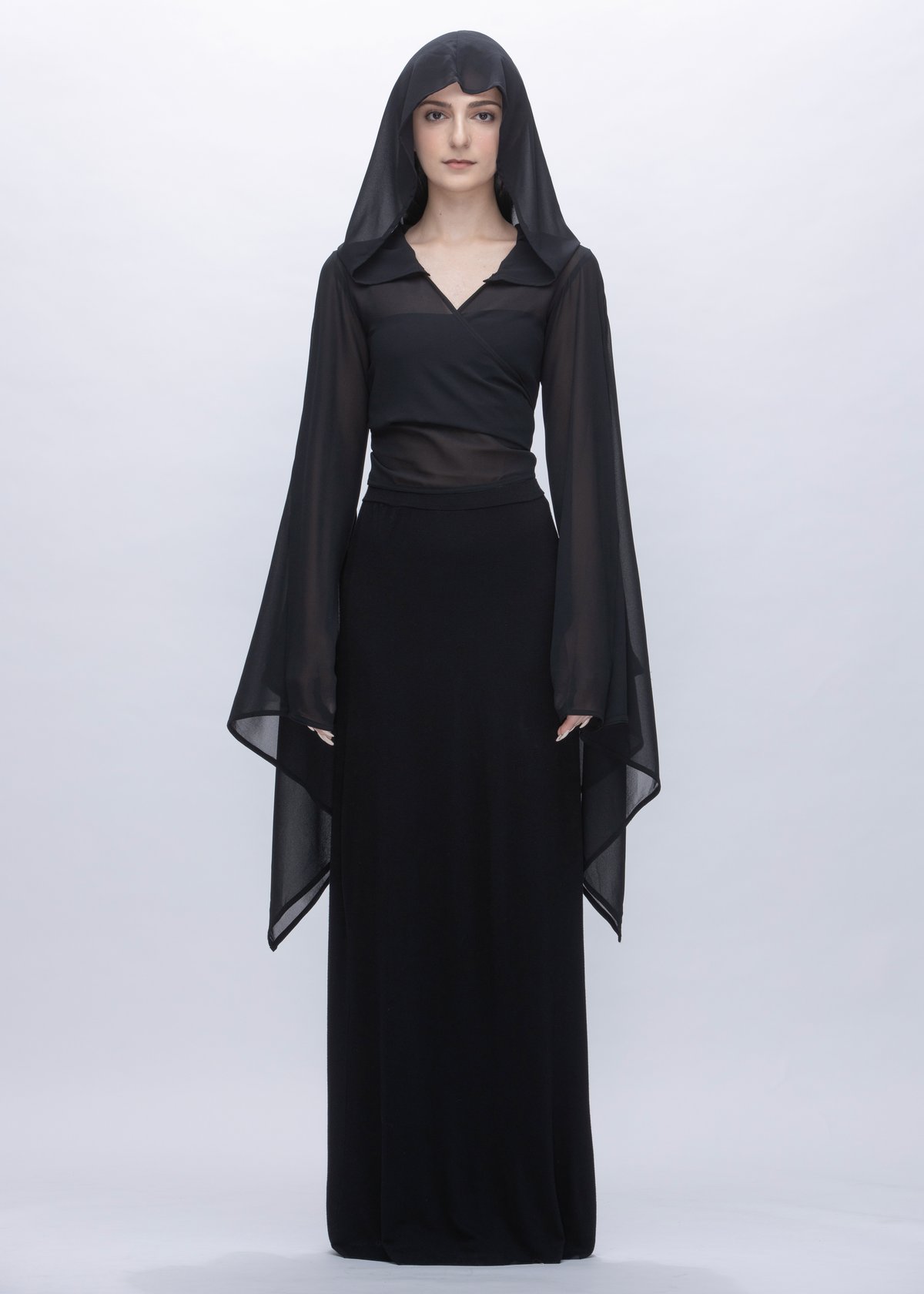Image of Cape Sleeves Wrap Cropped Sheer Top With Hooded