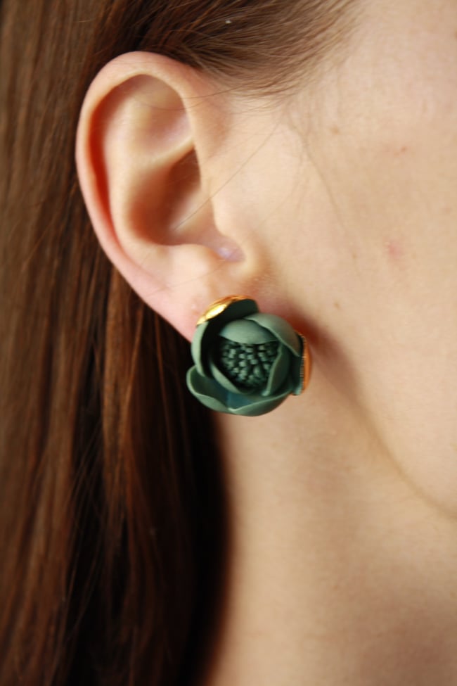 Green & gold porcelain stud earrings