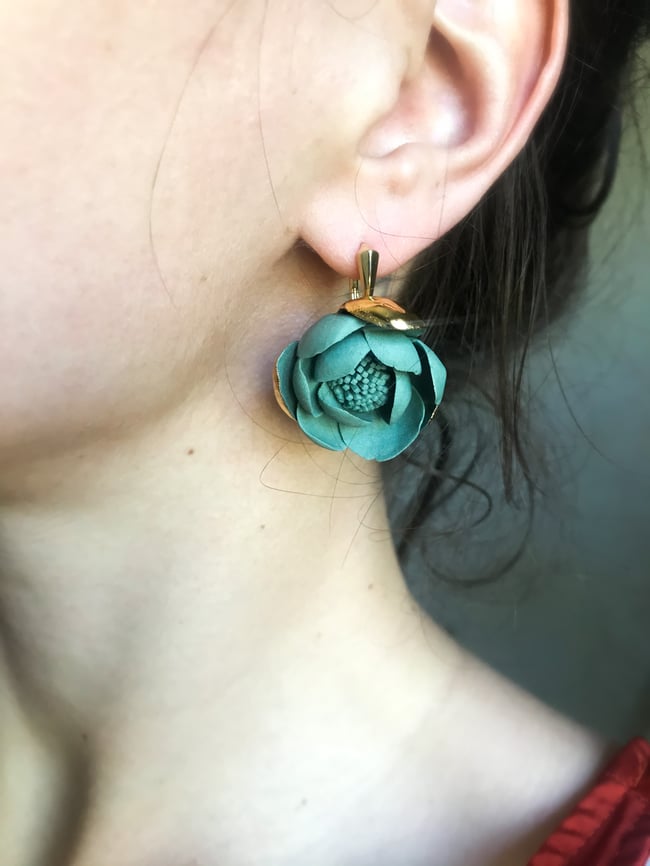 Lever back porcelain earrings. Green & gold