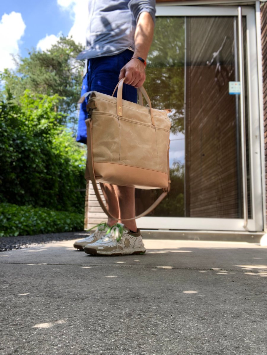 Black waxed canvas tote bag / office bag with luggage handle attachment  leather handles and shoulder