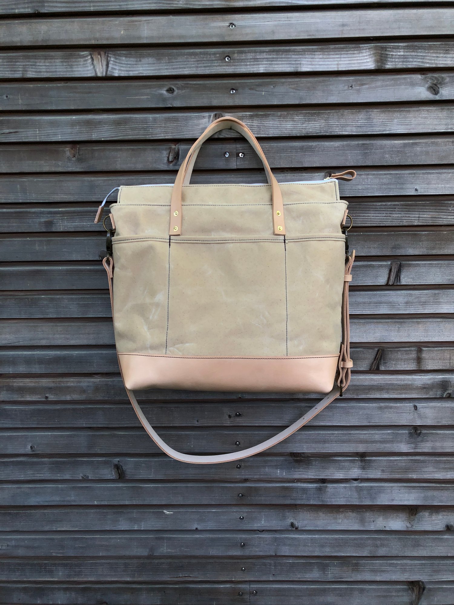 Image of Natural waxed canvas tote bag / office bag with luggage handle attachment leather handles and should