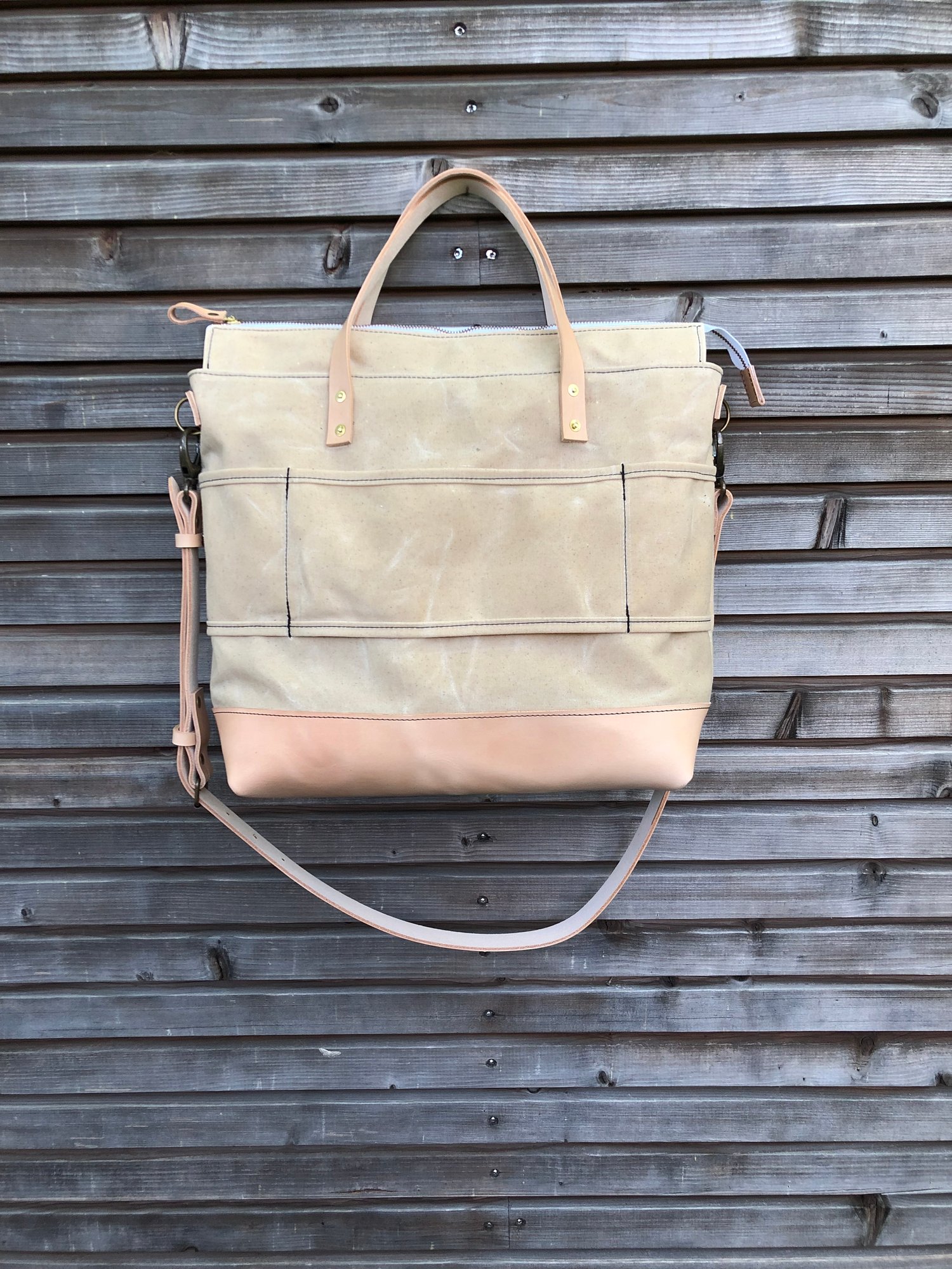 Image of Natural waxed canvas tote bag / office bag with luggage handle attachment leather handles and should