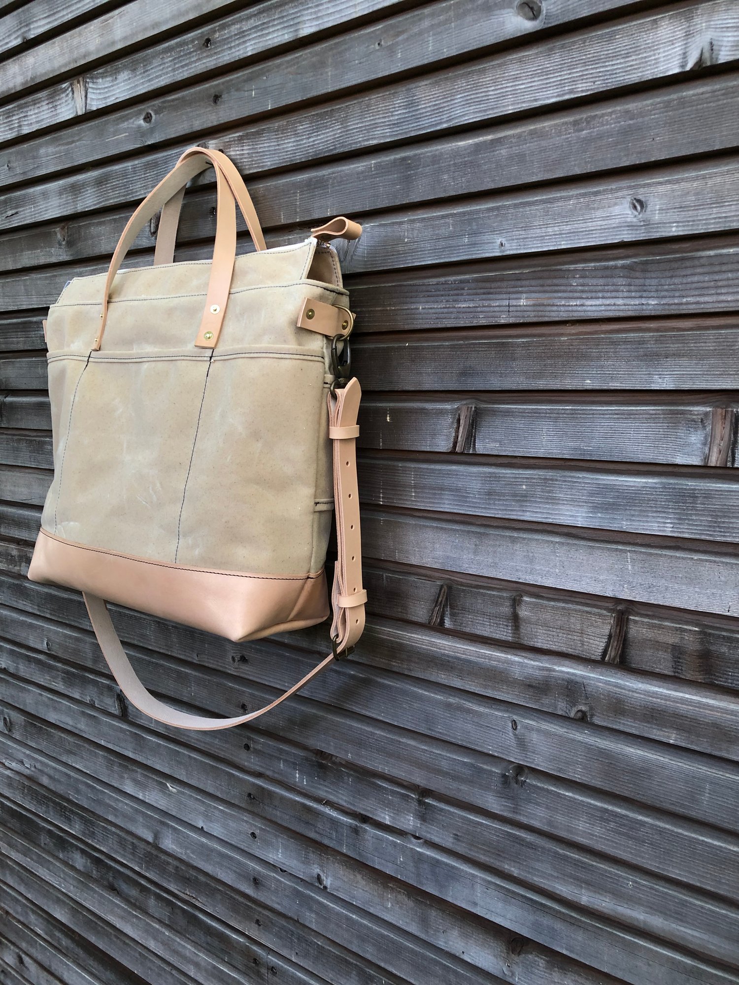Image of Natural waxed canvas tote bag / office bag with luggage handle attachment leather handles and should