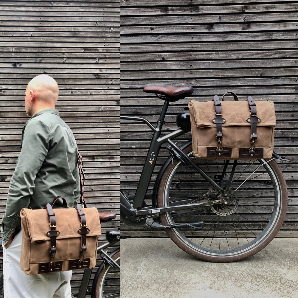 Image of Waxed canvas saddlebag for Super73 convertible into messenger bag Bicycle bag in waxed canvas Bike a