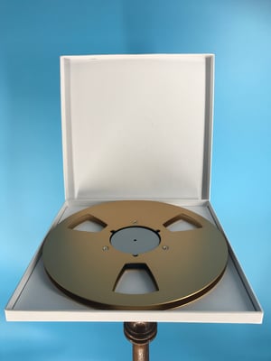Image of Burlington Recording 1/4" x 10.5" *Scratched GOLD NAB Metal Reel with White Hinged Set up Box 