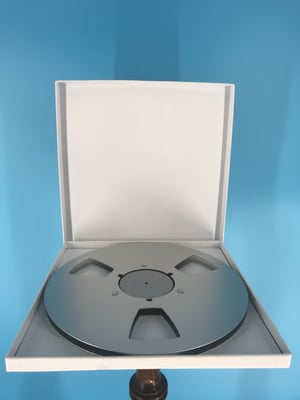 Image of Burlington Recording 1/2" x 10.5" *Scratched SILVER NAB Metal Reel with White Hinged Set up Box 