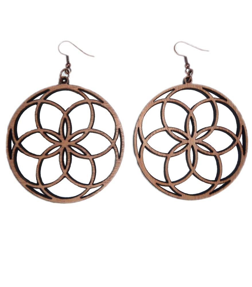 Image of CHERRY WOOD LASER CUT EARRINGS WOOD AND COPPER FLOWER OF LIFE CIRCLE 