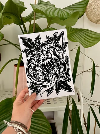 Skull And Violet Flowers Linocut Print