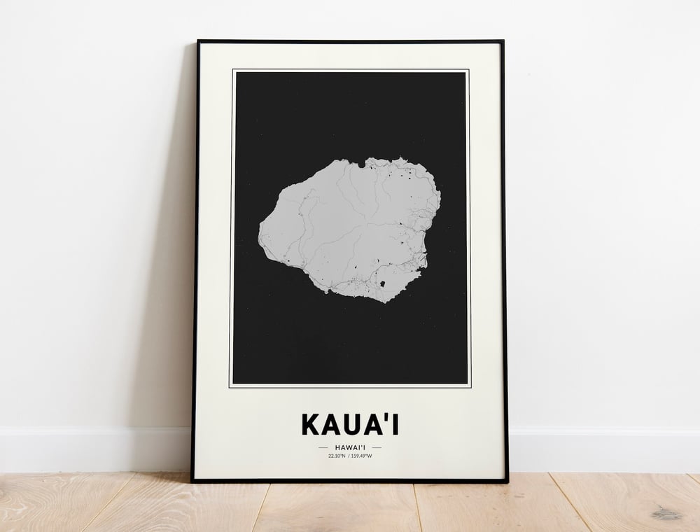 Carte de l'île de Kauai - Carte moderne des îles hawaïennes en noir et blanc Poster