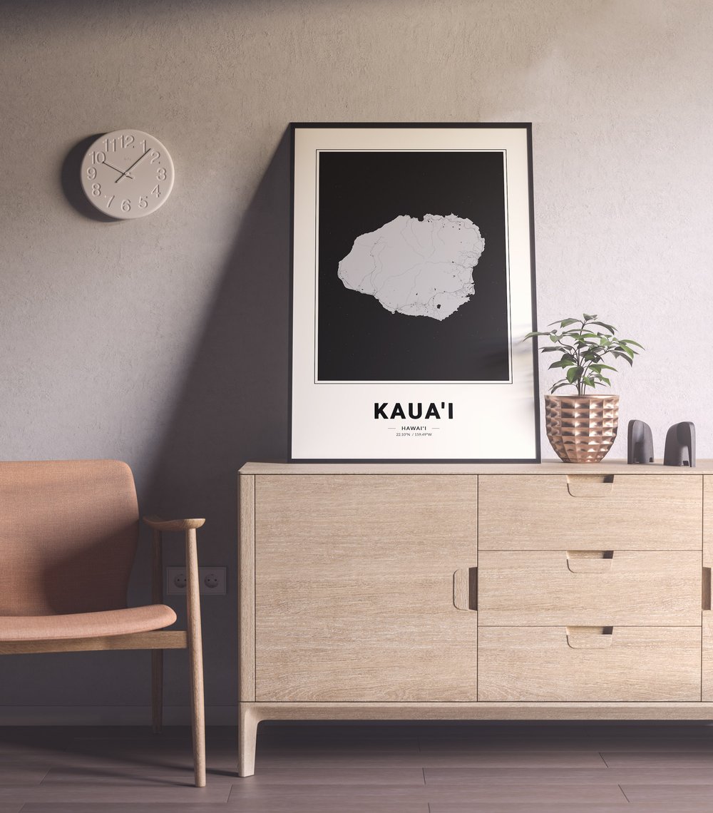Kauai Island Map - Modern Black and White Hawaiian Islands Map Poster
