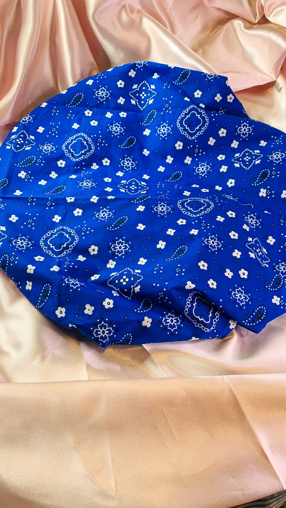 Image of NAVY BLUE BANDANA BONNET WITH SATIN INSIDE