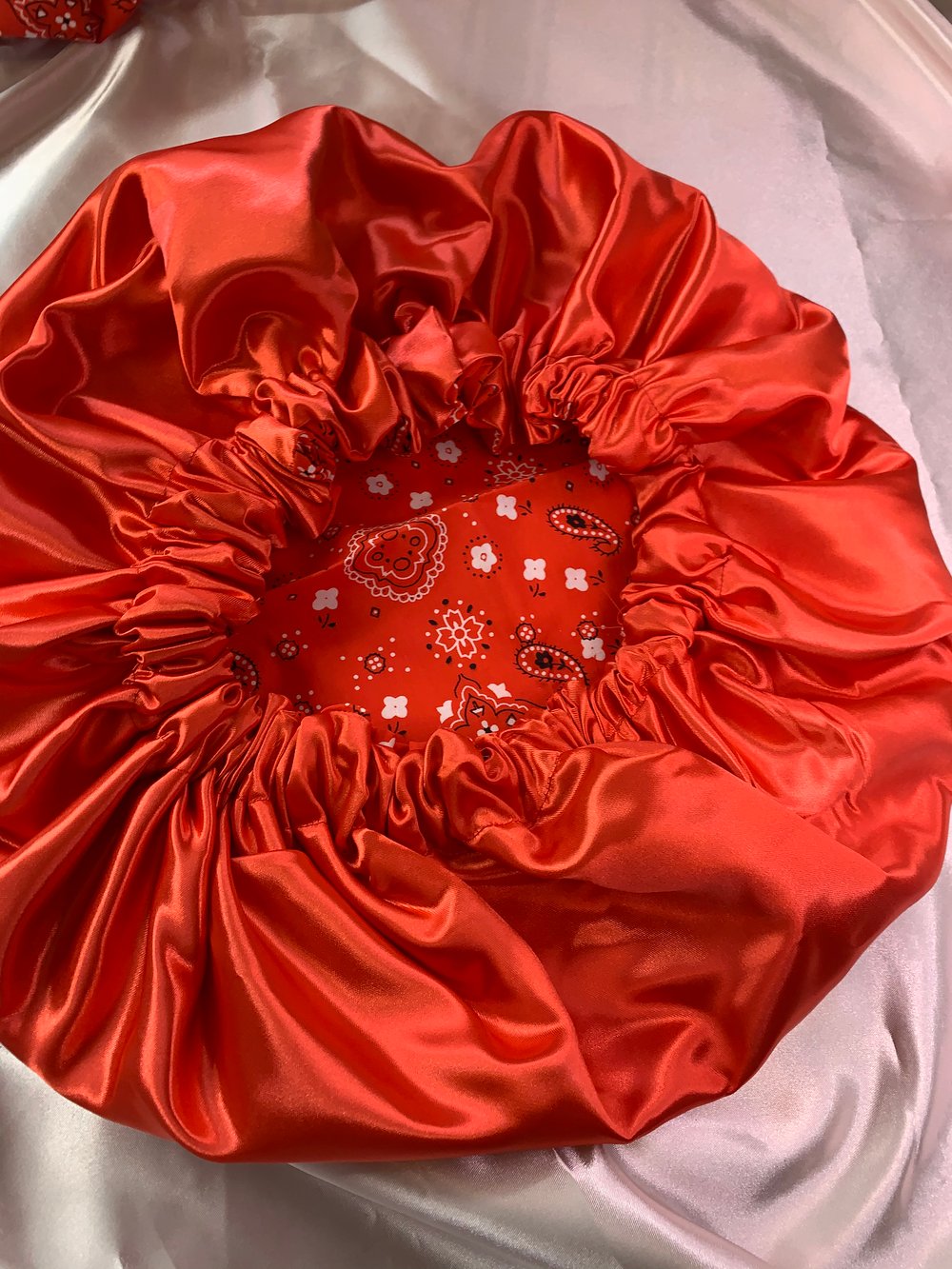 Image of RED BANDANA BONNET WITH SATIN INSIDE 