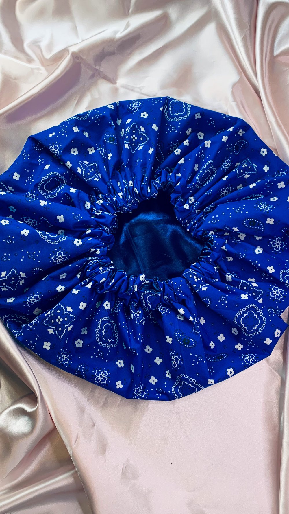 Image of NAVY BLUE BANDANA BONNET WITH SATIN INSIDE