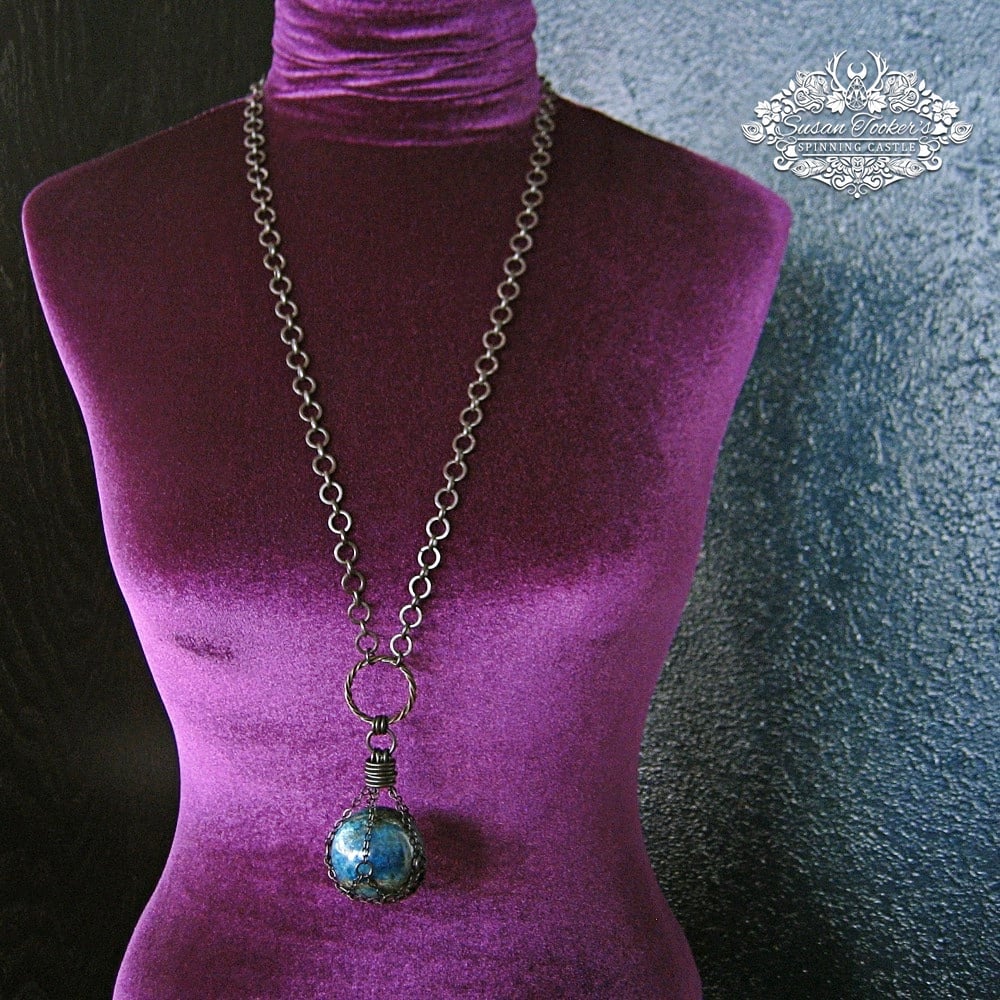 Image of THE GAIA STONE - Blue Apatite Crystal Ball Necklace Witch Talisman Gemstone Sphere 