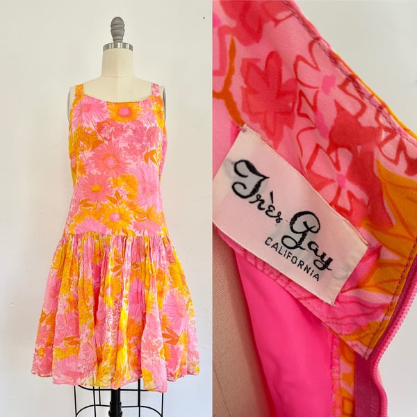 Image of Vintage 60s Très Gay bright pink mod floral drop waist pleated chiffon mini dress {small}