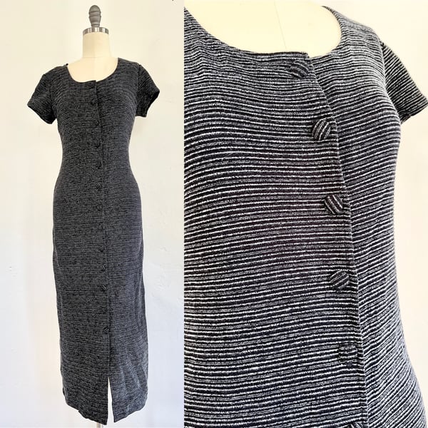 Image of Vintage 80s / 90s gray black striped button up knit midi pencil dress {small}