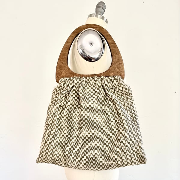 Image of Vintage 60s large hand woven wooden handle striped gray tote bag purse