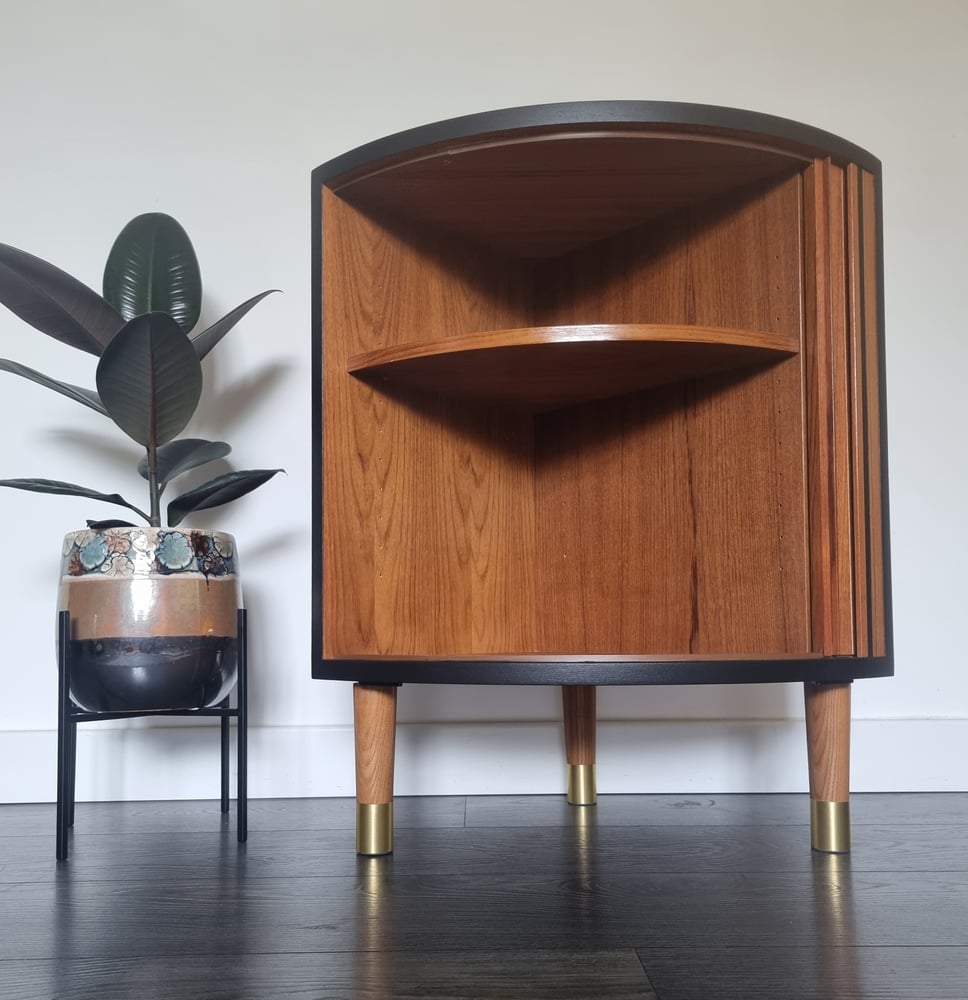 Image of 1960's TAMBOUR FRONTED CORNER CABINET BY POUL HUNDEVAD