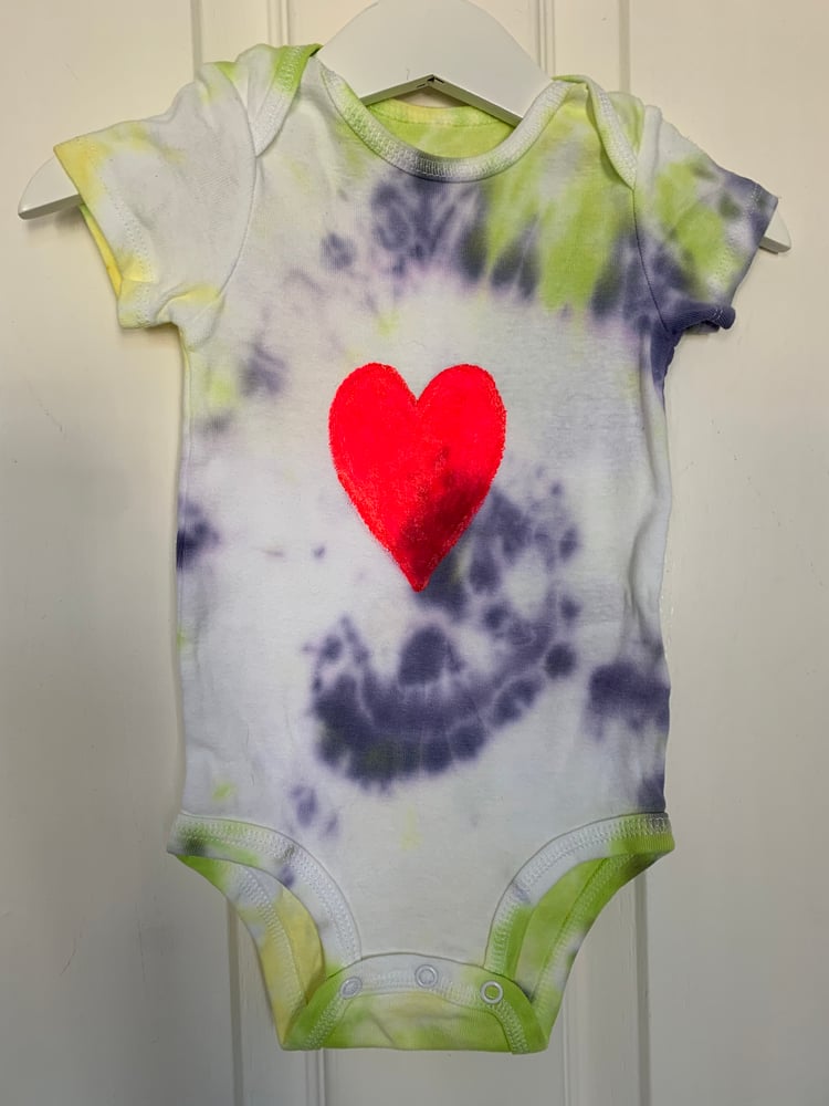 Image of Heart Baby Grow in Lime and Purple tie dye 