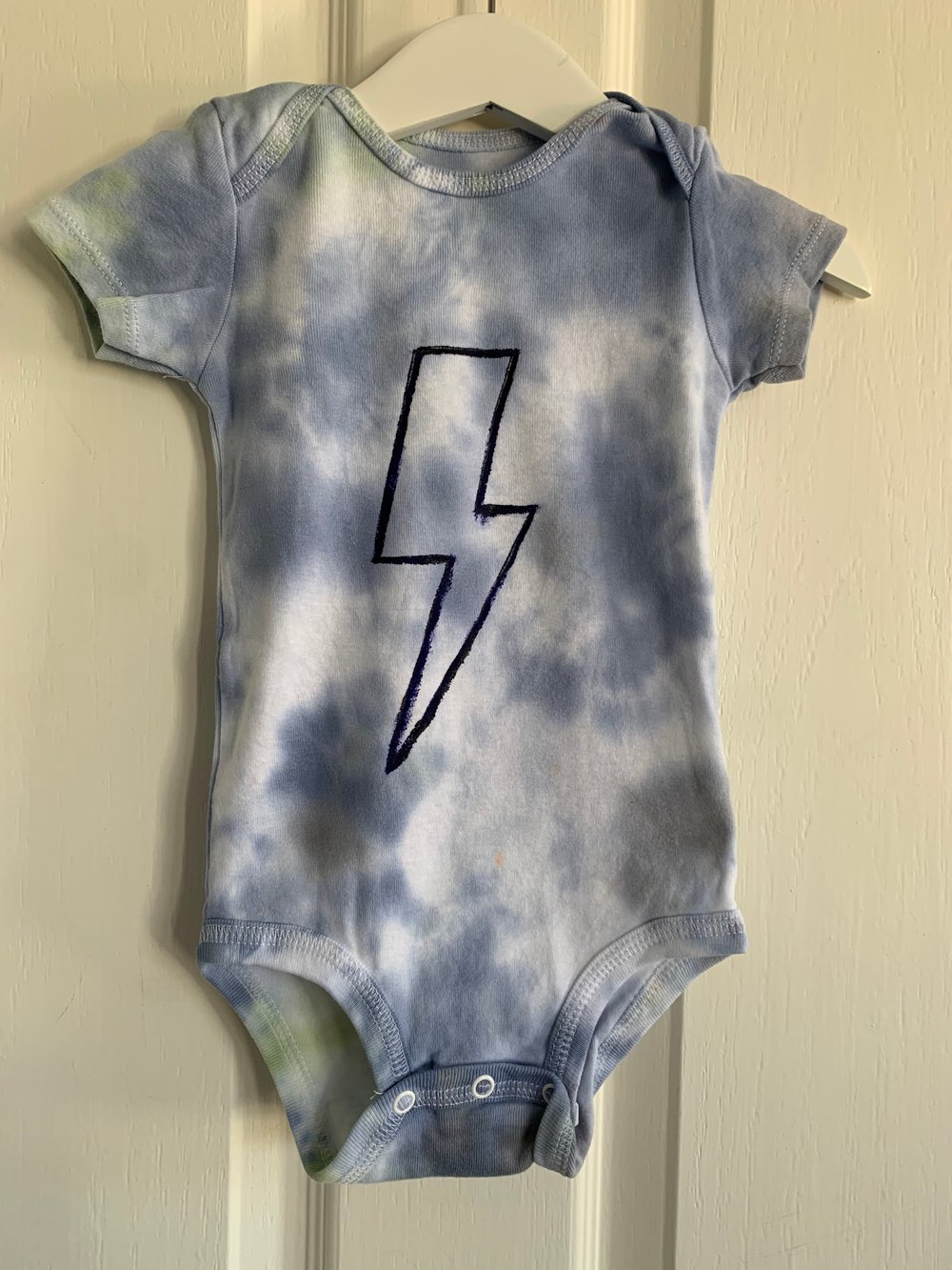Image of Lightening Bolt Baby Grow in Blue and Green tie dye 