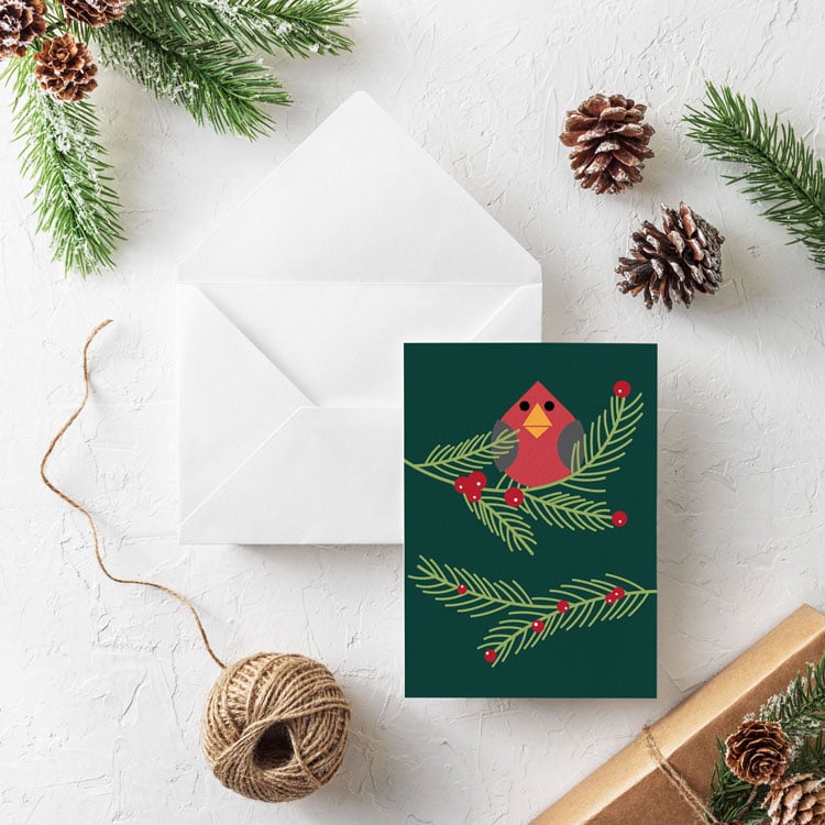 Image of Holly Jolly Evergreen Bird Holiday Greeting Card - New!