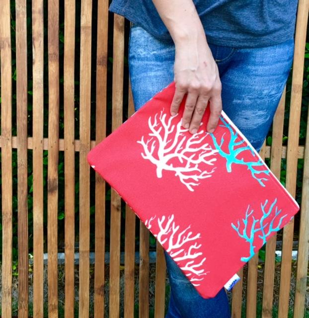 Crimson Coral Clutch, Pouch, Bag, Water Resistant, Durable, for Beach, Everyday, Durable, Handmade