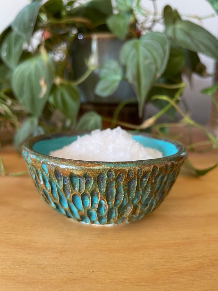 Image of Teal and brown hand carved salt dish 