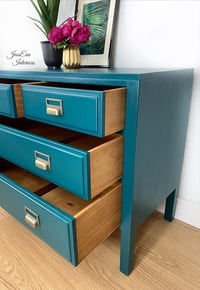 Image 2 of Vintage Mid Century Modern Retro CHEST OF DRAWERS painted in teal with apothecary cup handles