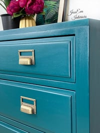 Image 3 of Vintage Mid Century Modern Retro CHEST OF DRAWERS painted in teal with apothecary cup handles