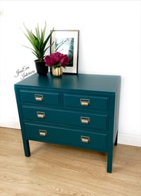 Image 4 of Vintage Mid Century Modern Retro CHEST OF DRAWERS painted in teal with apothecary cup handles