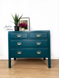 Image 1 of Vintage Mid Century Modern Retro CHEST OF DRAWERS painted in teal with apothecary cup handles