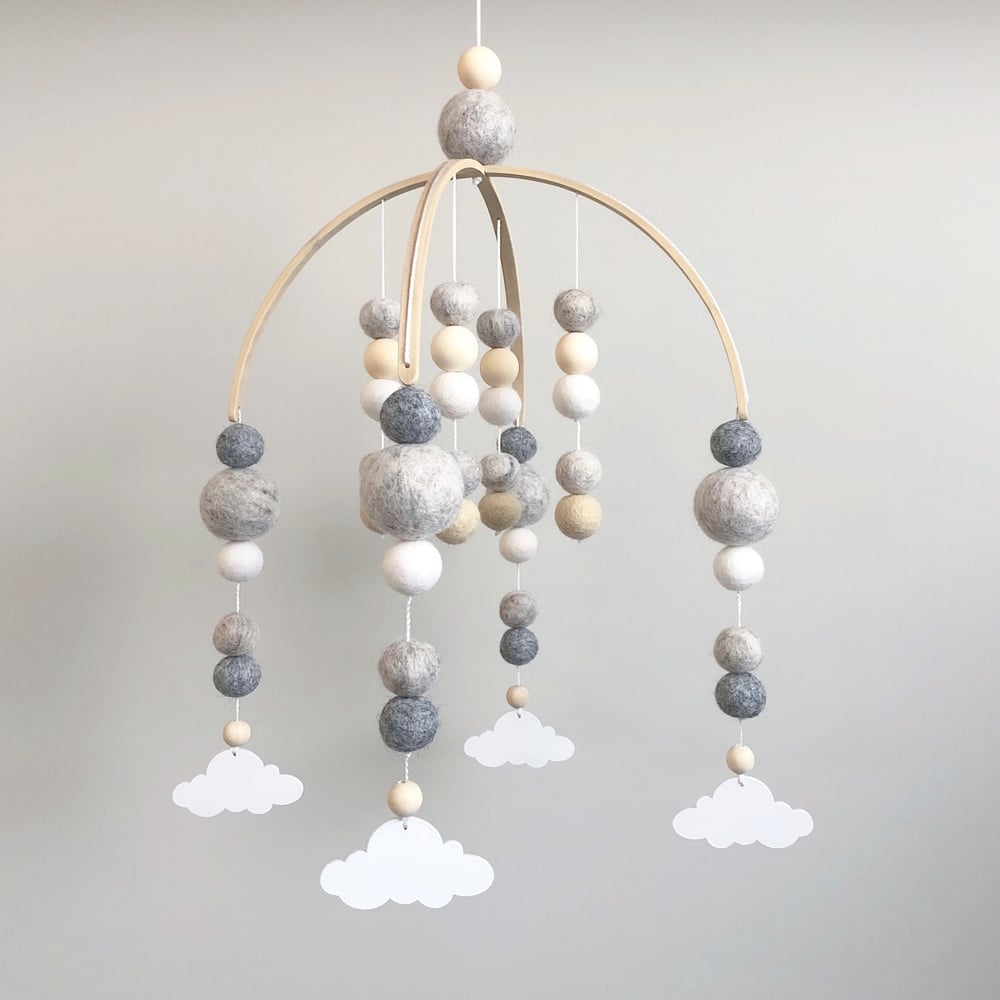 Image of Neutral felt ball mobile with white clouds 