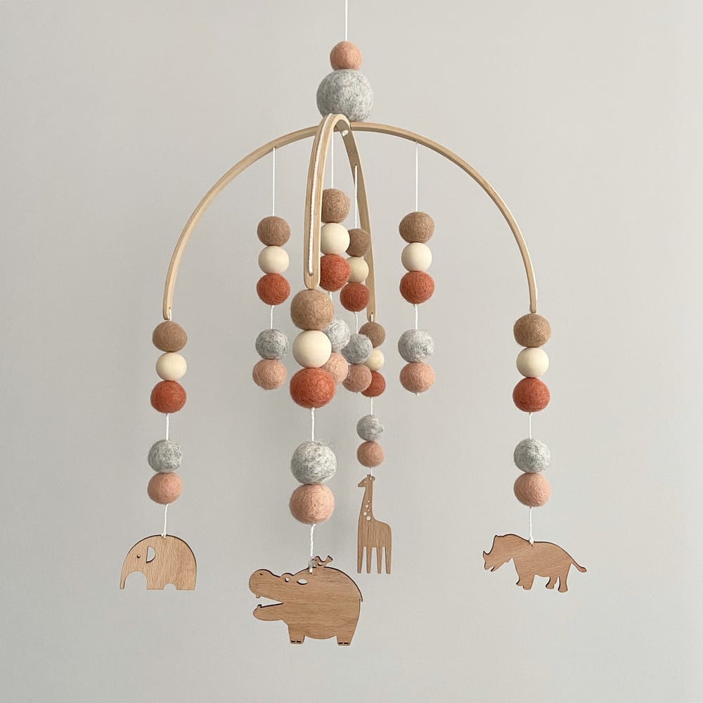 Image of Safari animal felt ball mobile - tan, rust, grey & apricot