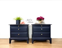Image 1 of Pair of Vintage Stag Minstrel Bedside Tables Cabinets painted in navy blue 