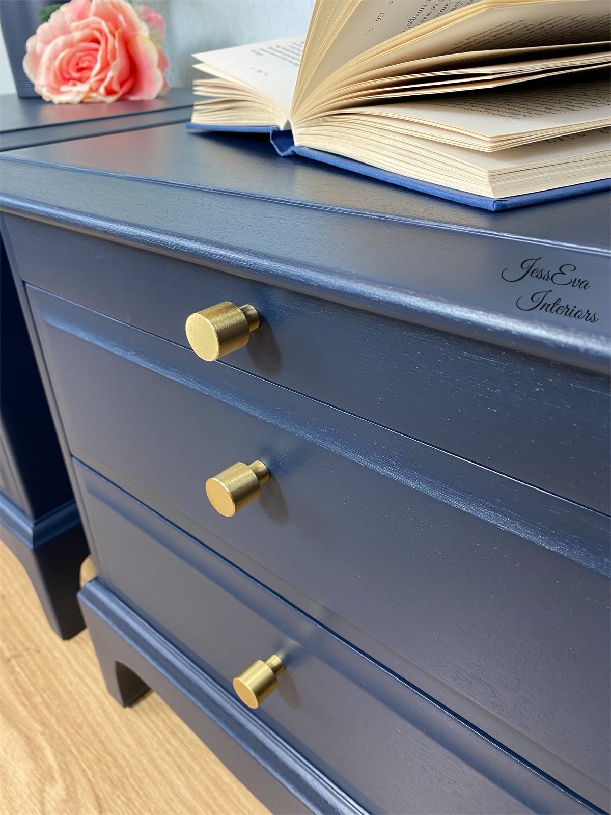 Pair of Vintage Stag Minstrel Bedside Tables Cabinets painted in navy blue 