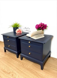 Image 2 of Pair of Vintage Stag Minstrel Bedside Tables Cabinets painted in navy blue 