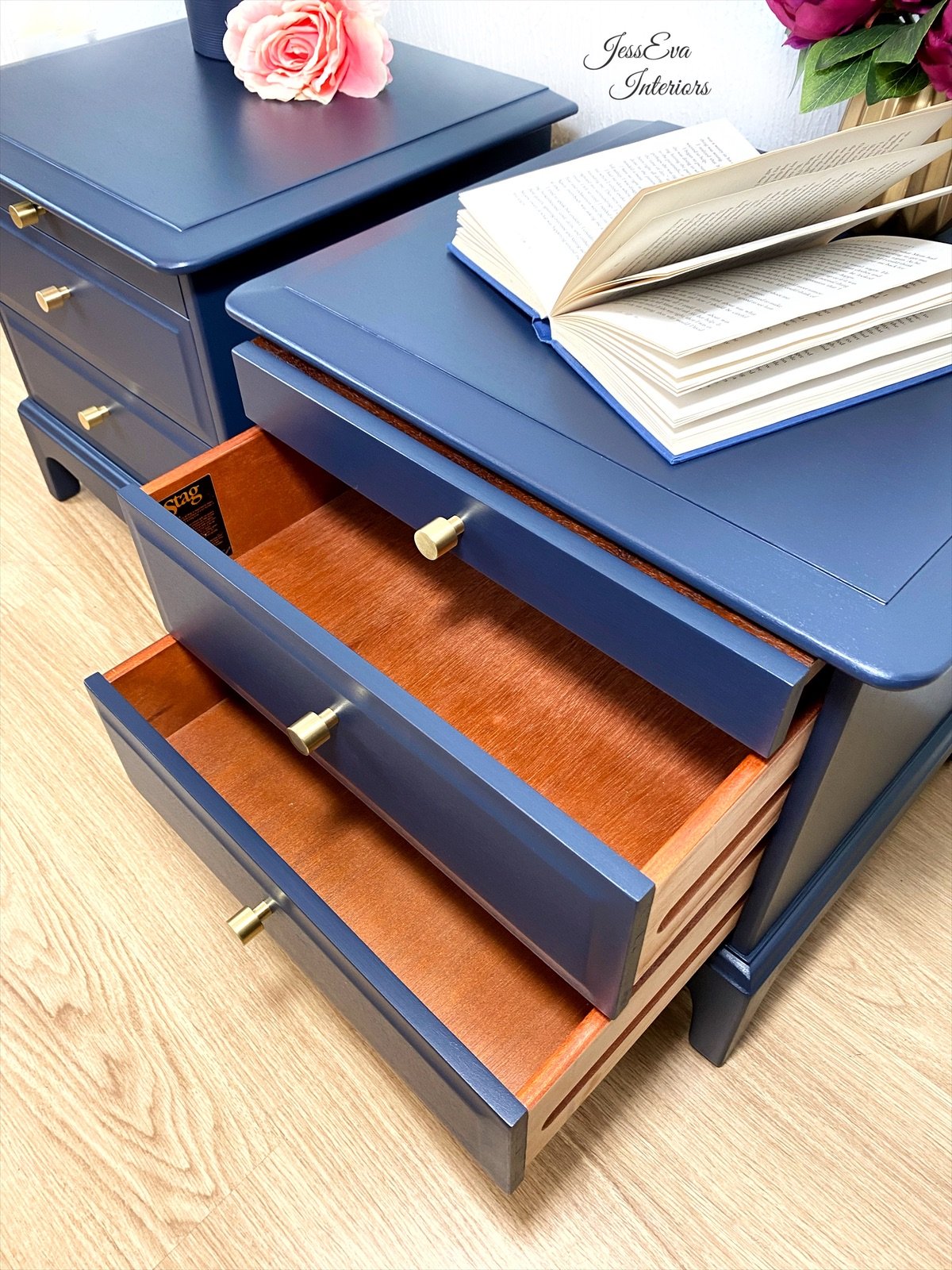 Pair of Vintage Stag Minstrel Bedside Tables Cabinets painted in navy blue 