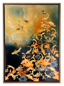 Image of Original Canvas - Koi and Lilies on Prussian Blue/Turquoise/Yellow Ochre - 100cm x 70cm