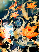 Original Canvas - Koi and Lilies on Prussian Blue/Turquoise/Yellow Ochre - 100cm x 70cm