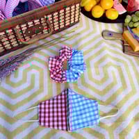 Image 1 of Red/Blue Gingham Mask & Scrunchie Set 