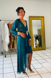 LANTERN SLEEVES ASYMMETRICAL PLATED DRESS WITH BROCADE DETAILS