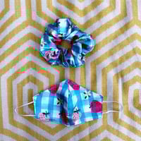 Image 1 of Blue Gingham Strawberry Silky Matching Mask & Scrunchie Set 