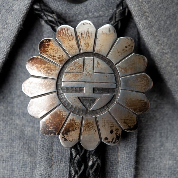 Image of Hopi Silversmith Michael Sockyma Native American Zia Sunface Sterling Silver Overlay Bolo Tie