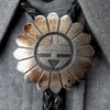 Hopi Silversmith Michael Sockyma Native American Zia Sunface Sterling Silver Overlay Bolo Tie